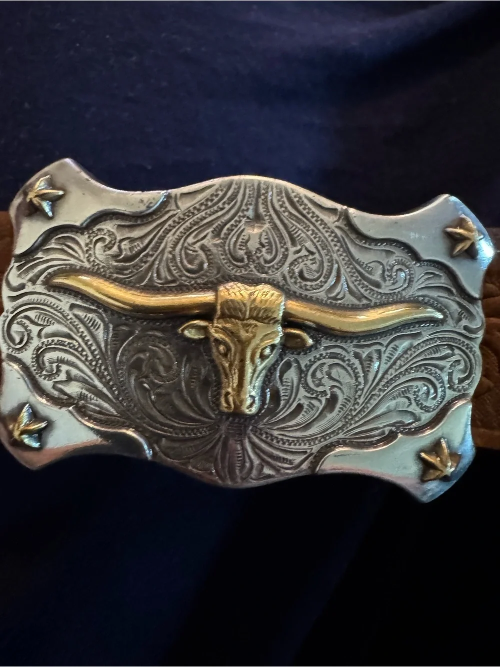 Tony Lama Brown Embossed Kids Western Belt Silver & Gold Longhorn Buckle 23” USA